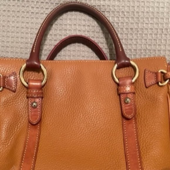 Dooney & Bourke Brown Tan Camel Natural Leather Satchel Purse Bag Red Lining Key - Picture 3 of 14